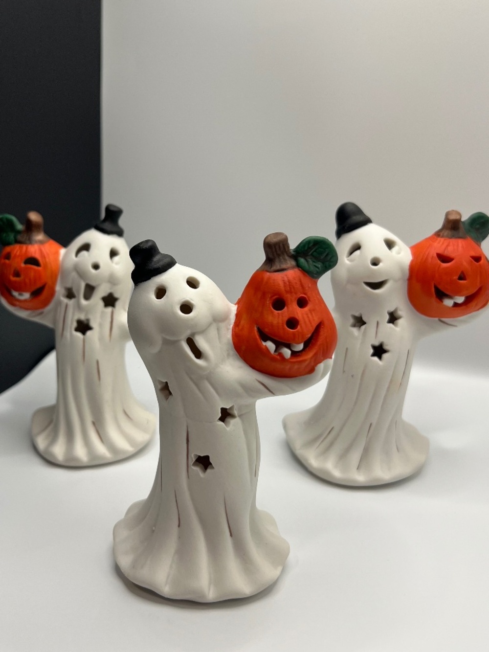 Vintage Halloween Ghost Figure with Pumpkins and Hat 5 inches. set of 3. White